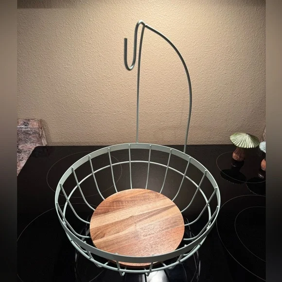 Modern Wire Fruit Basket with Wooden Base - Picture 2 of 4